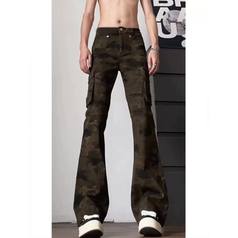 迷彩工装裤男款夏季潮牌痞帅炸街裤子美式高街修身直筒弯刀微喇裤