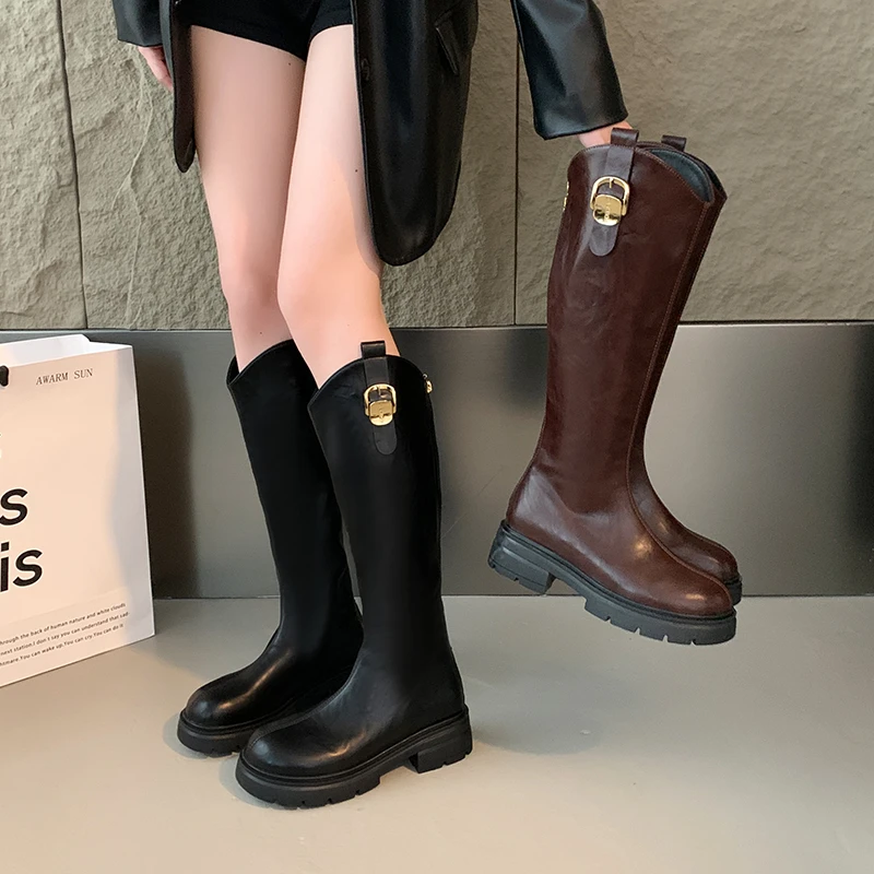 厚底不过膝长筒靴女2024秋冬新款时尚V口长靴百搭骑士靴