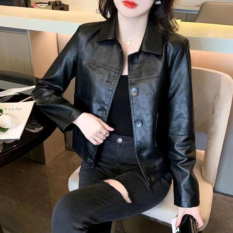 短款皮衣外套女春秋款洋气百搭高档水洗皮夹克女设计感机车风上衣