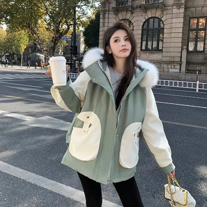 韩版大毛领棉服冬新款派克棉袄外套女宽松加厚加绒夹棉保暖小个子