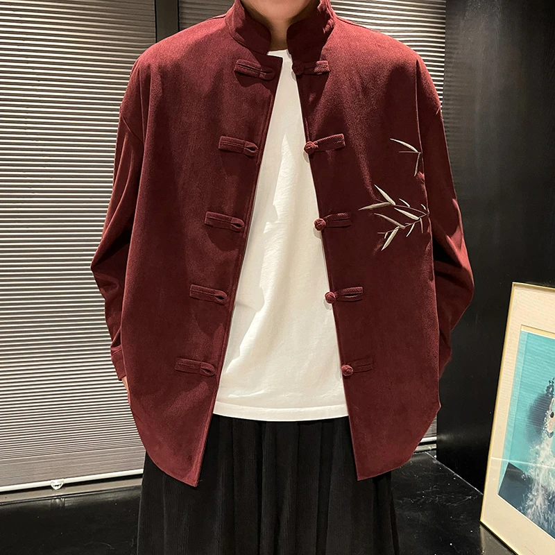 新中式立领盘扣竹子衬衫长袖男士中国风宽松大码复古灯芯绒外套男