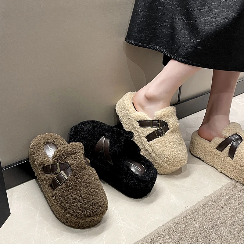 秋冬季新款皮带扣设计厚底时尚百搭毛托毛毛鞋网红软底毛毛拖鞋