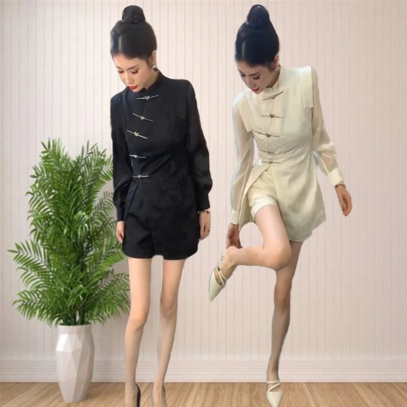 9038网红国风时尚气质复古盘扣上衣短裤2024夏季新款洋气显瘦套装