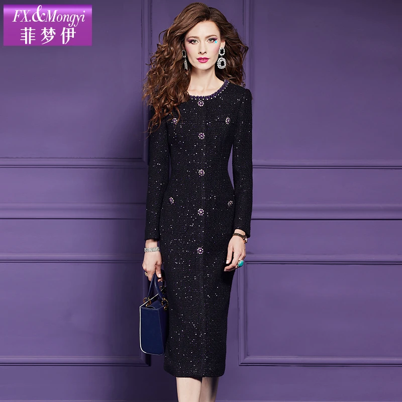 菲梦伊绵羊毛钉珠亮片毛呢秋冬新款小香风高级时尚连衣裙59955