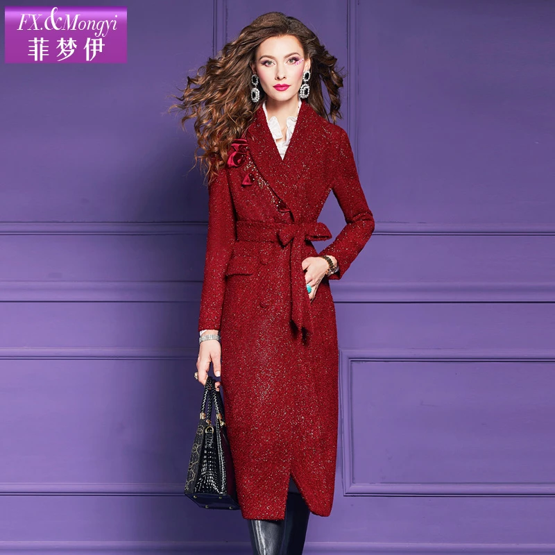 菲梦伊秋冬新款女装重工钉珠小香风长款腰带大衣毛呢外套61133