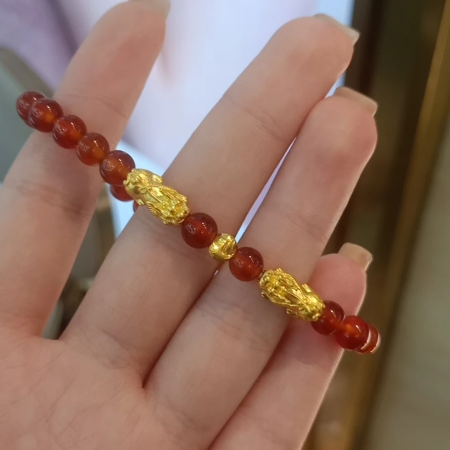 真金足金貔貅转运珠配件红玛瑙