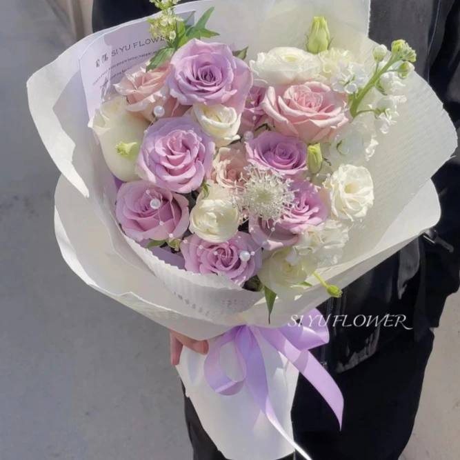 【倚楼听雨】11朵粉紫玫瑰高级感花束送朋友女友生日鲜花礼物同城花店送花上门