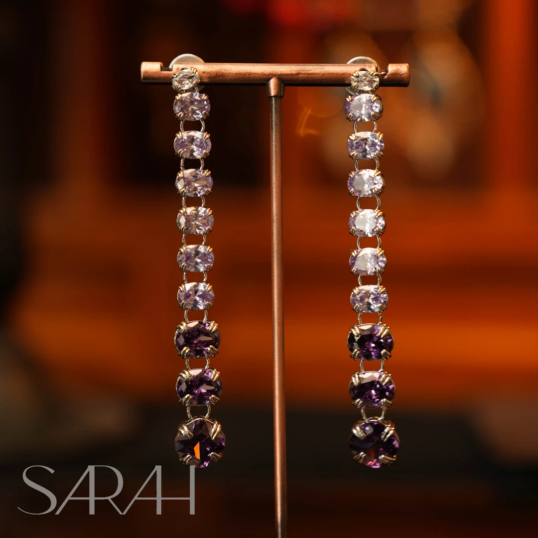 铜合金合成锆石耳饰 DearLisa.精工系列 复古紫色渐变长流苏 耳钉