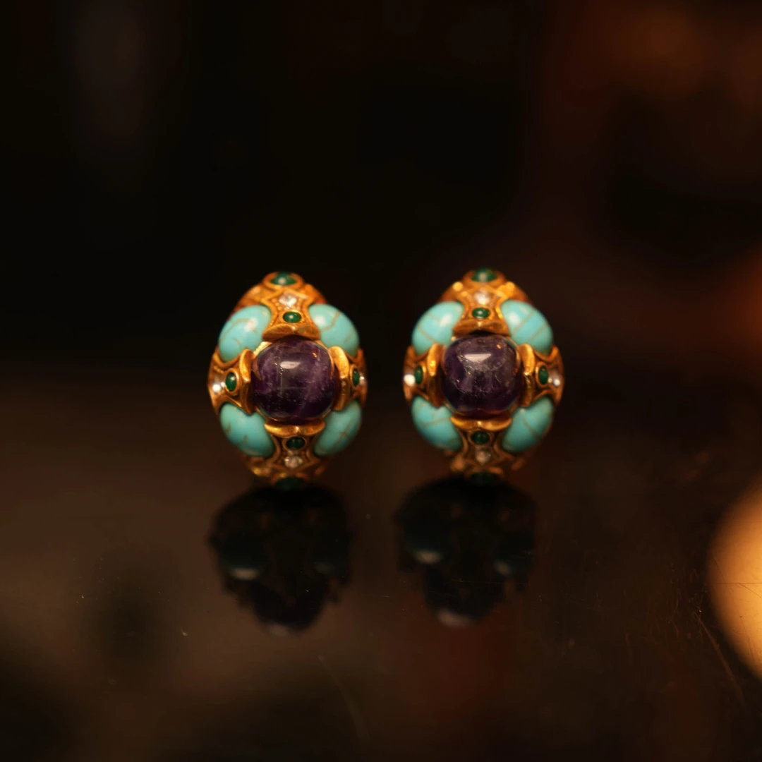 铜合金合成锆石耳饰 DearLisa.精工系列 复古蓝紫色石石耳钉+戒指