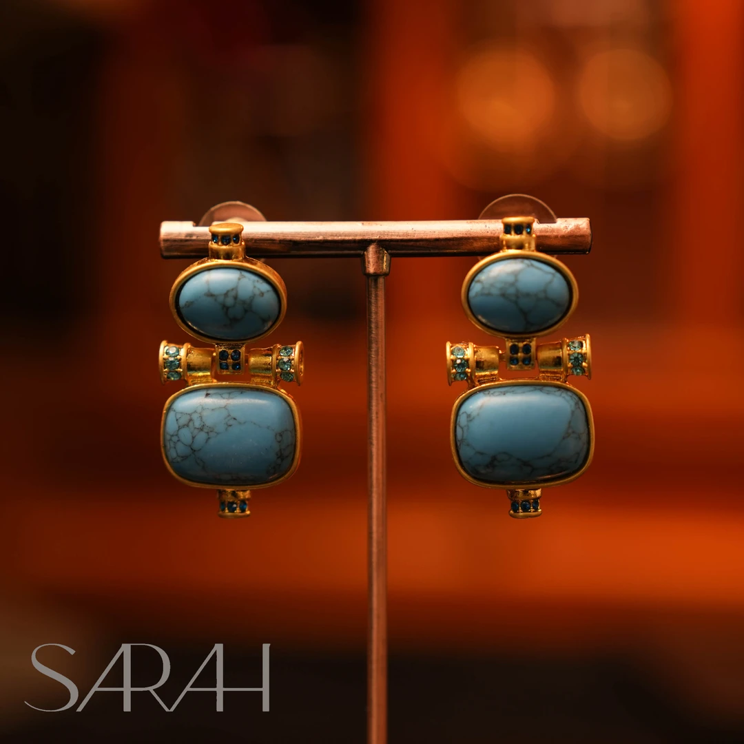铜合金合成锆石耳饰 SARAH.精工系列 复古轻奢蓝色石头双层 耳钉