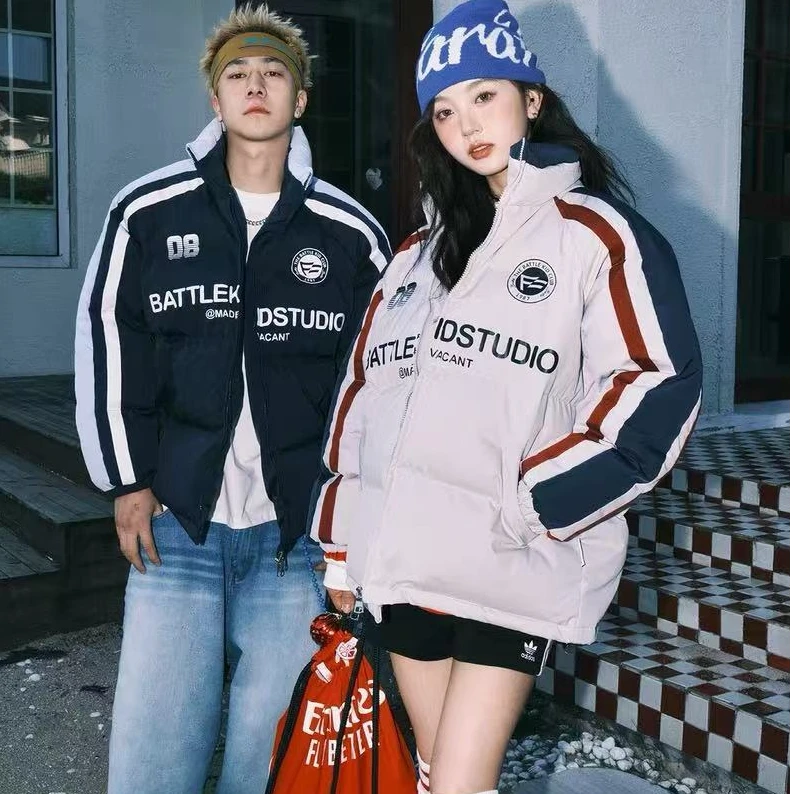 复古美式条纹撞色拼接棉衣2024冬季情侣款立领棉服外套