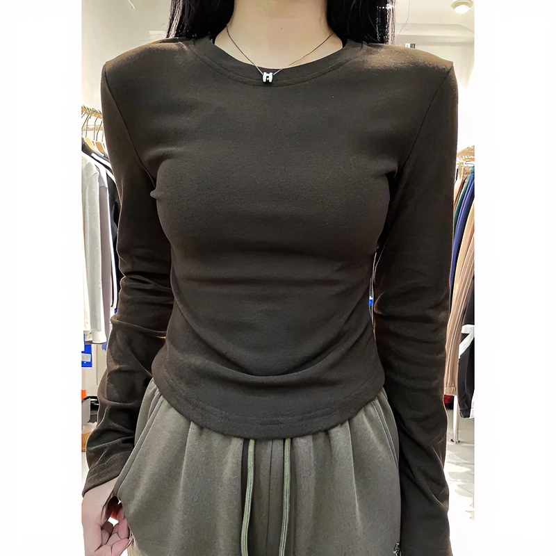 双面德绒打底衫女秋冬内搭修身显瘦时尚百搭正肩辣妹长袖t恤上衣