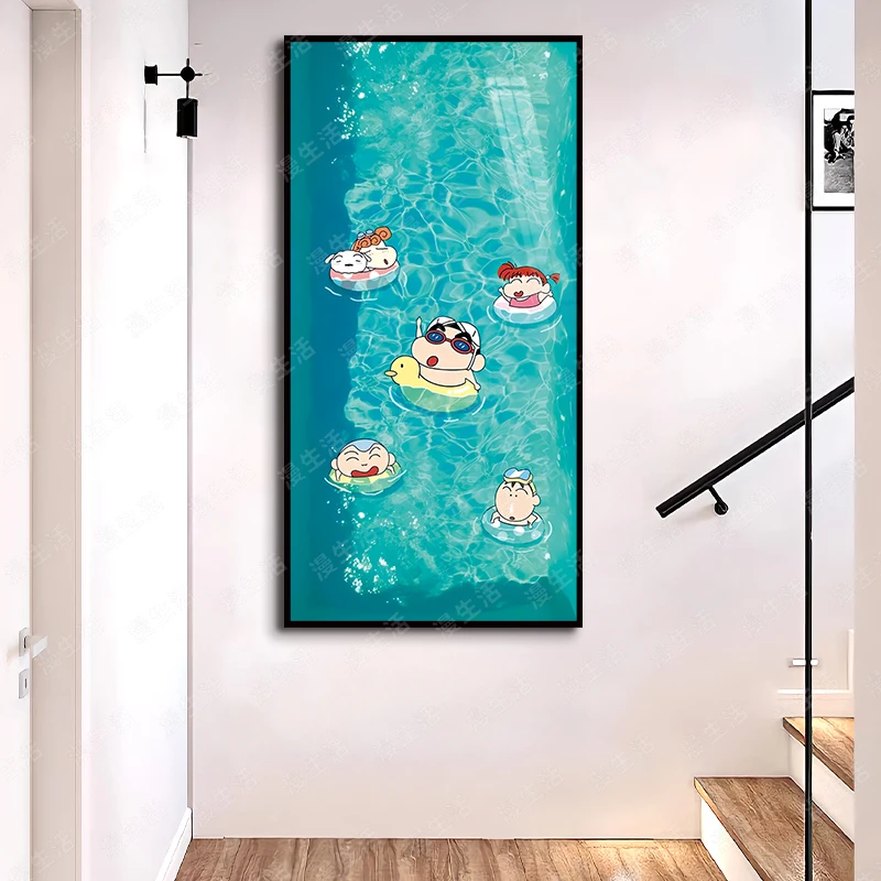蜡笔小新泳池竖版高清铝合金儿童房装饰画客厅卧室玄关动漫挂画