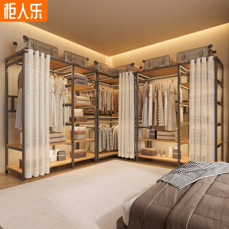 衣柜家用卧室转角衣柜落地式挂衣架简易金属开放衣架全钢架衣帽架