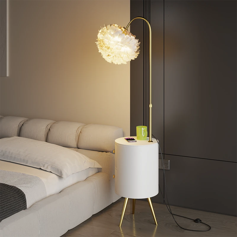 羽毛落地灯客厅卧室床头柜沙发旁边茶几摆件置物网红抽屉台灯一体