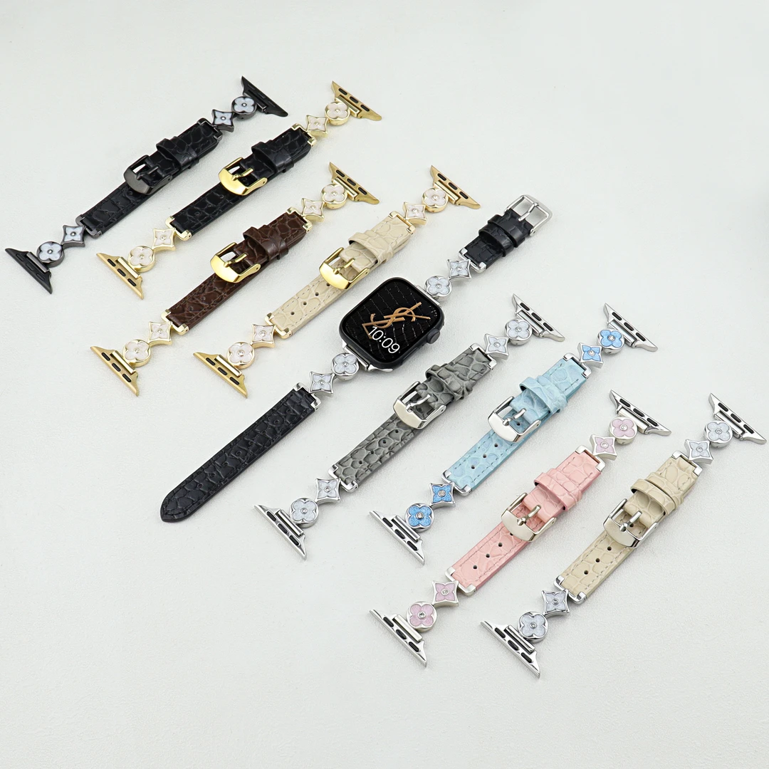 适用苹果手表S10四叶草花瓣圆鳄纹真皮iwatchs987se表带ultra女款