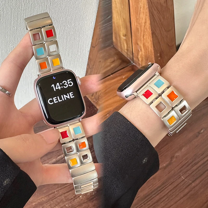 适用苹果手表s10表带彩色眼影盘小方格金属iwatchs9876se表带女生