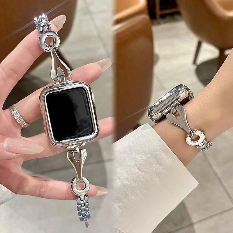 适用苹果手表S10表带奢华简约字母铜金属iwatchs98765se表带女生