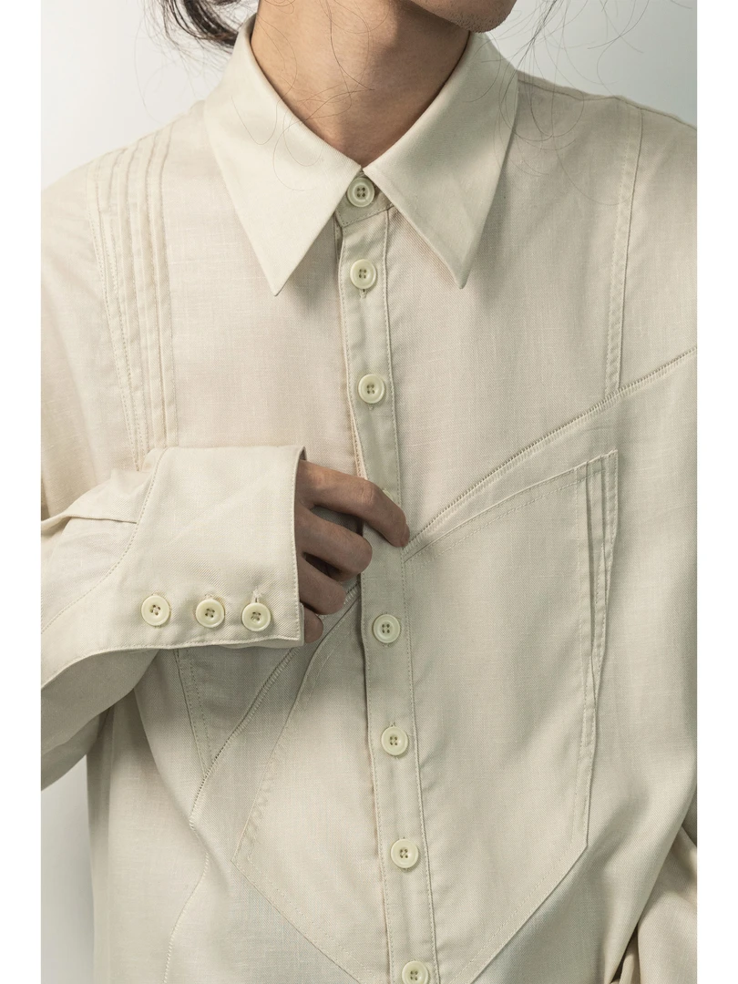 「 凌鸦ILNya 」月海_鬓白 月影光粼衬衫 拼接缝线长袖衬衣