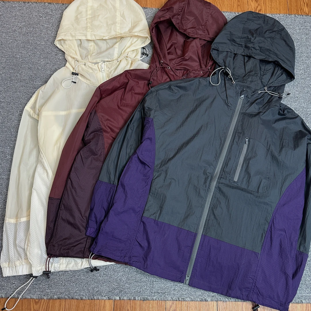 (井番茄）日系复古拼接连帽超薄透气宽松男女情侣upf50防晒衣外套