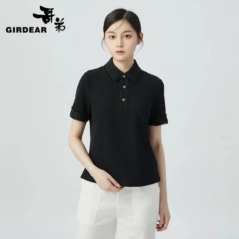 哥弟 新款精致粗花呢拼接小香短袖Polo领上衣（2色）1300924