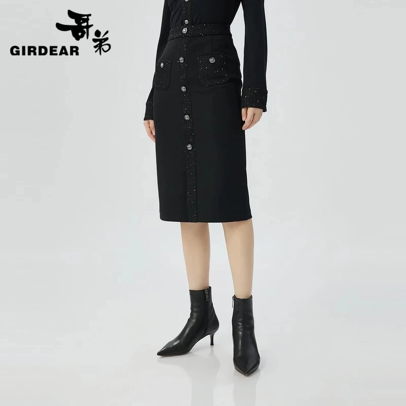 哥弟 精致 小香风 粗花呢拼接设计包臀半裙 1200345