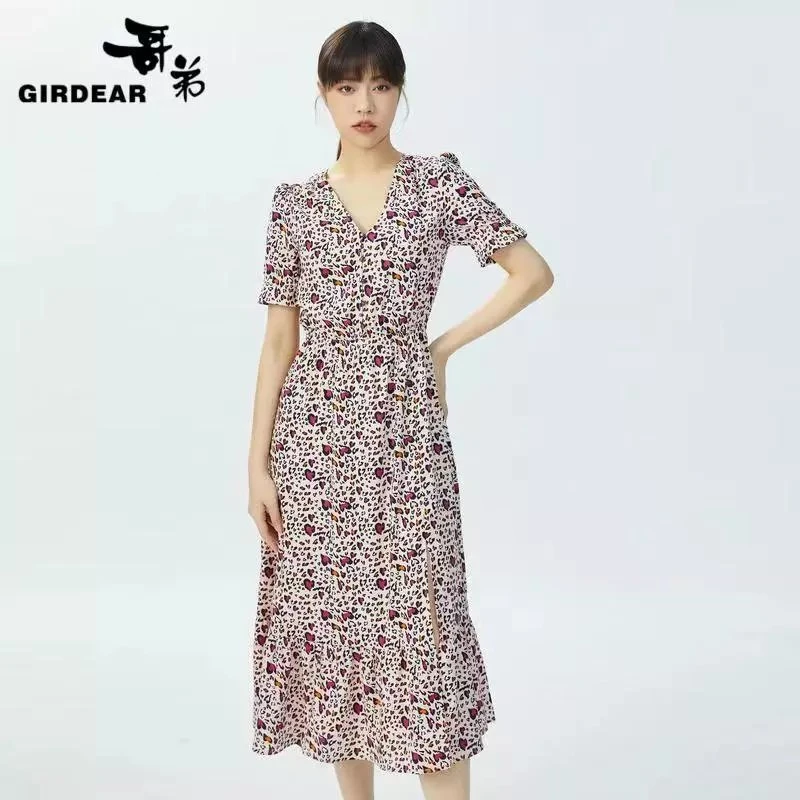 哥弟优雅收腰V领开叉夏季连衣裙（4色）1500326