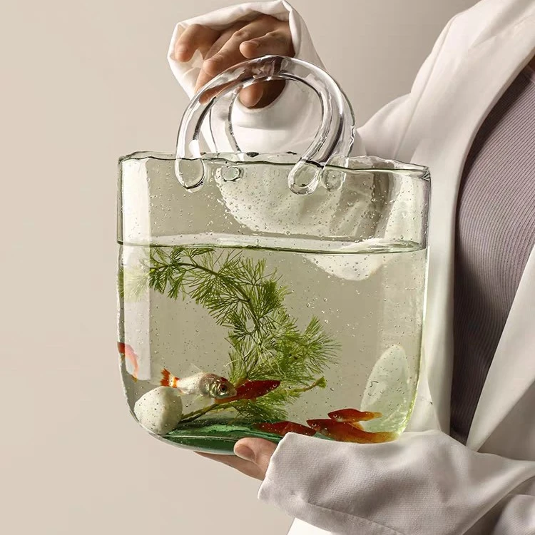 轻奢网红手提篮包包玻璃花瓶摆件客厅插花创意鱼缸家居装饰高贵