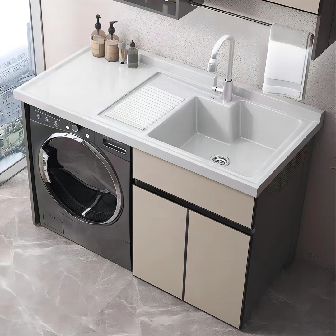 恩洁依太空铝阳台洗衣机柜定制带搓板一体洗手台伴侣洗衣柜切角