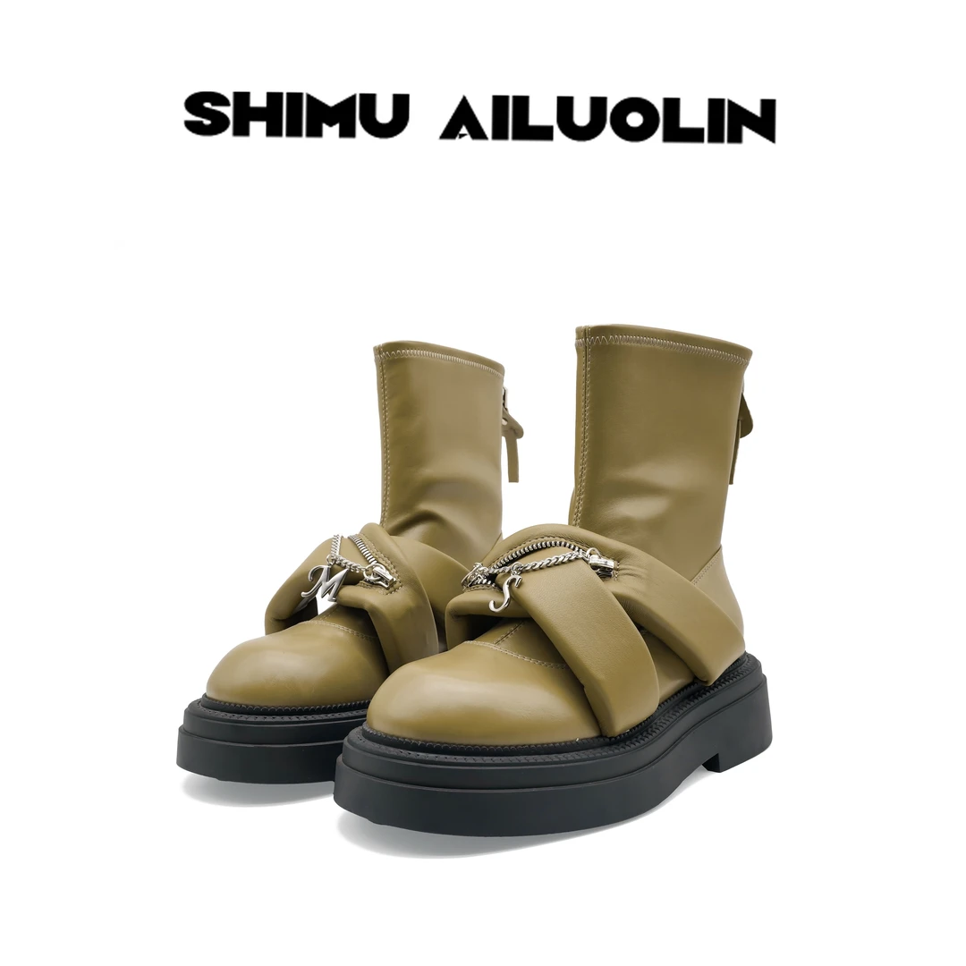 诗慕·爱洛琳【黎多波浪漫】时尚真皮圆头英伦风短靴系带秋冬增高