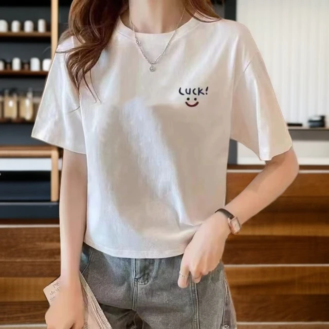2025纯棉短款T恤衫潮流短款上衣女圆领百搭宽松时尚白t恤夏季女装