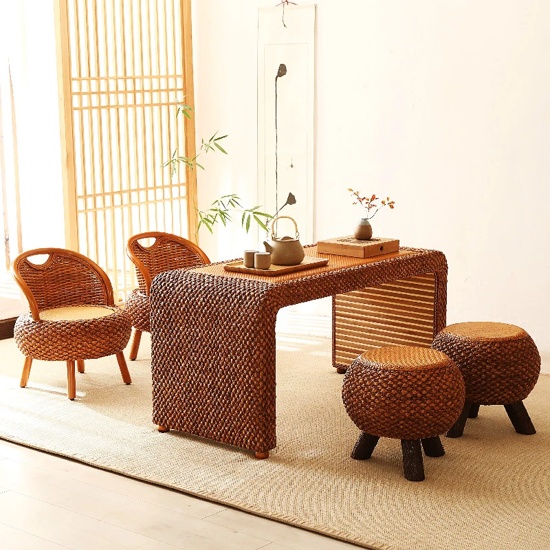 （60高茶台桌）藤编阳台家具桌椅榻榻米茶几加高小桌子休闲茶几家用