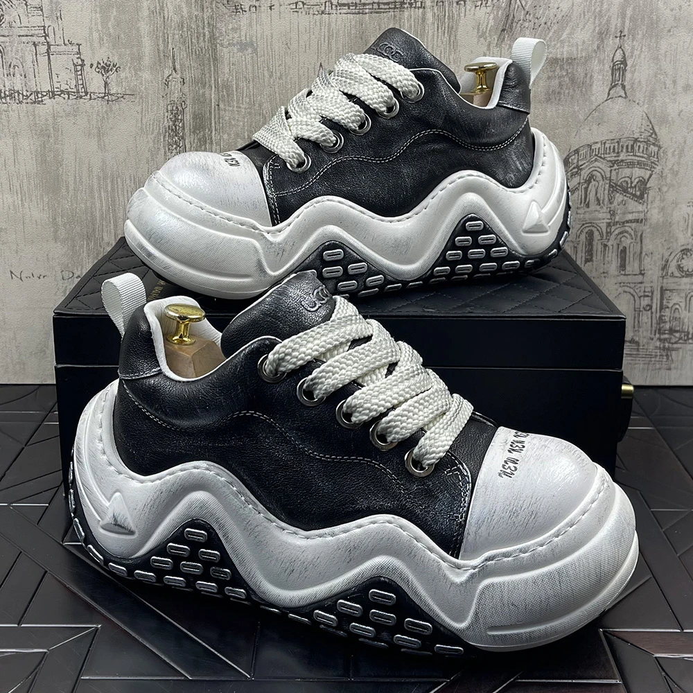 国潮秋季新款头层牛皮擦色圆头厚底老爹鞋时尚休闲鞋低帮潮流男鞋