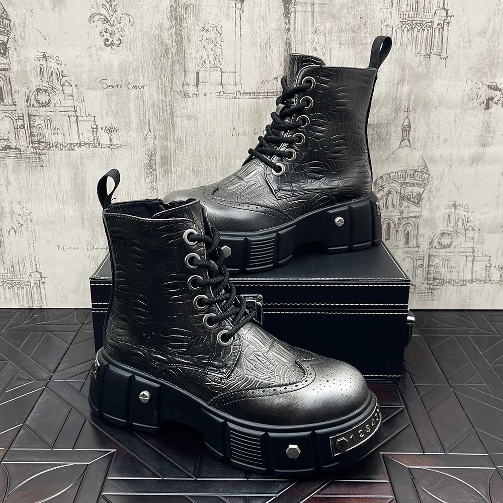 马丁靴男时尚布洛克雕花短靴2025秋冬新款中筒牛仔靴厚底男皮靴子