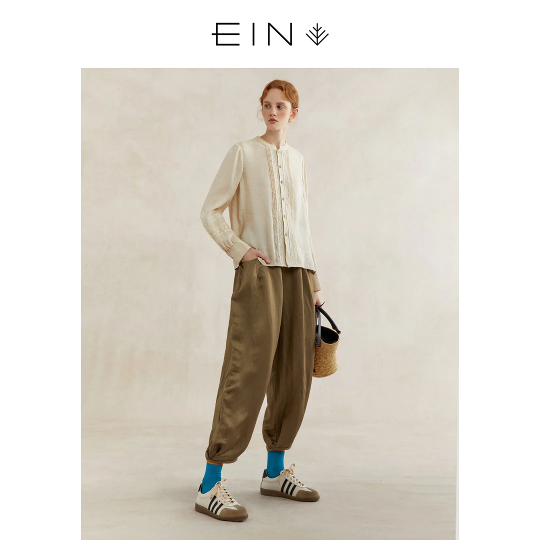 EIN/言【轻法式复古】浪漫文艺中式立领风琴褶打条丝麻长袖上衣女