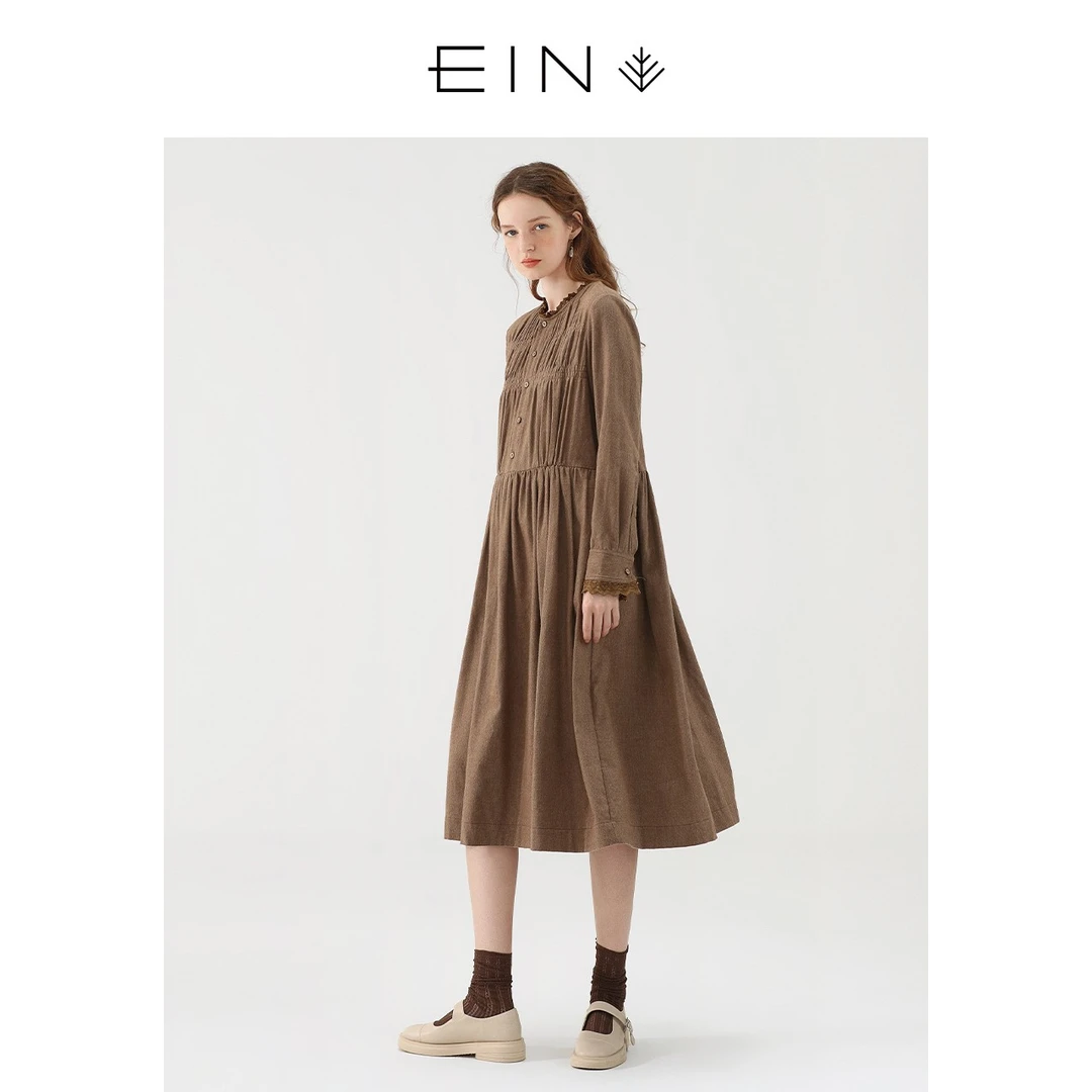 EIN/言雅丹风文艺复古时髦英伦风气质全棉木耳花边拼接连衣裙