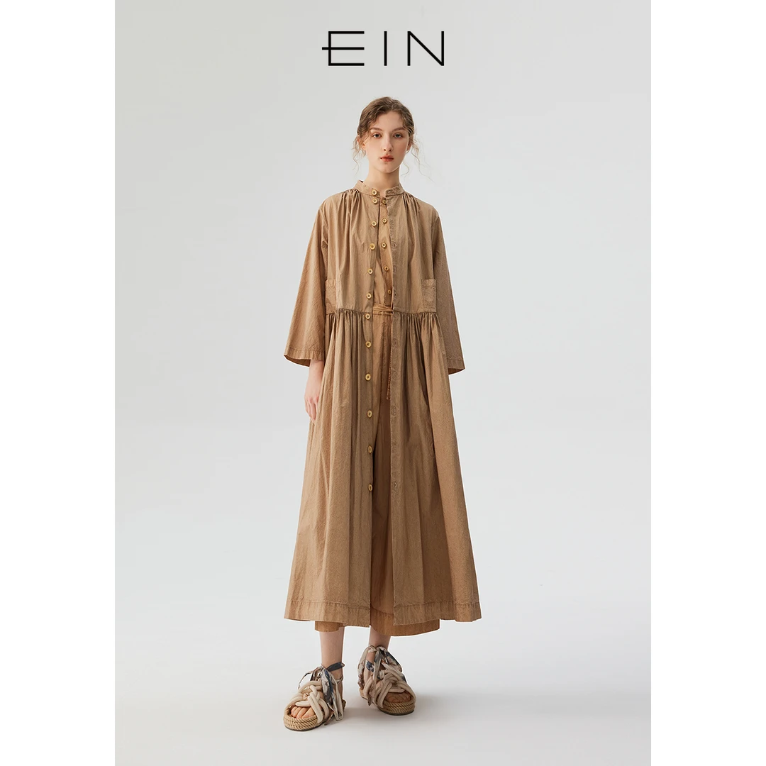 EIN/言【商场同款款】古拙感纳米染立领衬衫式纯棉连衣裙25秋夏款