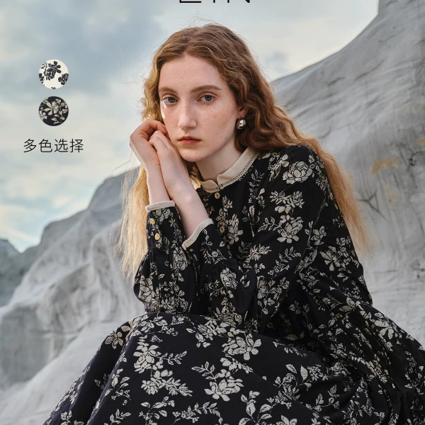 EIN/言文艺国风中式小立领印花高腰碎褶灯笼长袖长款连衣裙25秋款