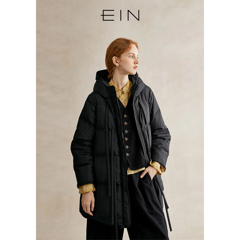 EIN/言【商场同款】复古轻暖连帽轻暖鹅绒中长羽绒服24秋冬女
