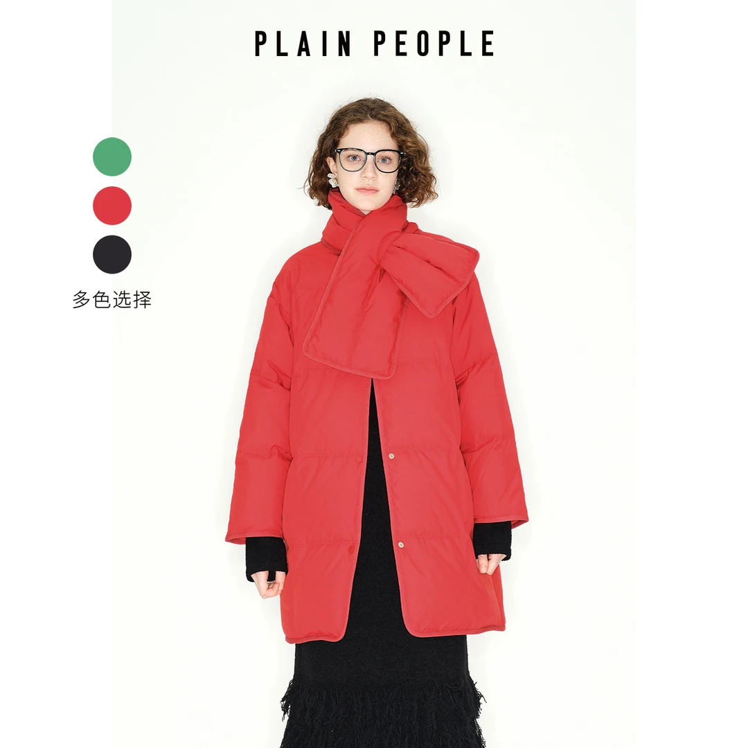 PLAIN PEOPLE安可拉红围巾领吐司面包鸭绒外套长款羽绒服2024冬