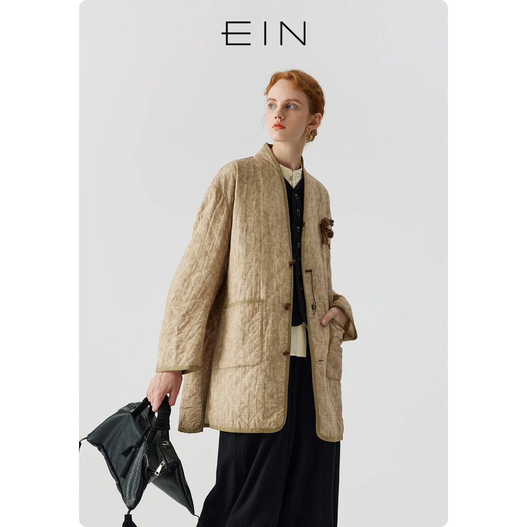 EIN/言做旧感炒色提花美拉德V领大口袋侧开衩设计外套24春季