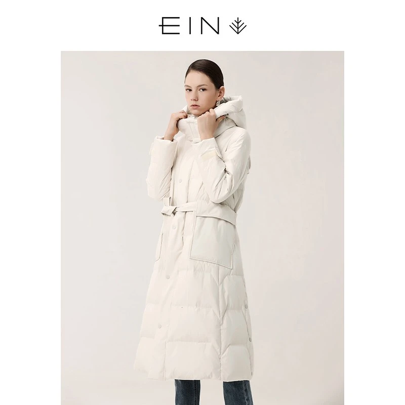 EIN/言冬季休闲文艺复古温暖白鸭绒系带收腰连帽泡芙轻羽绒服