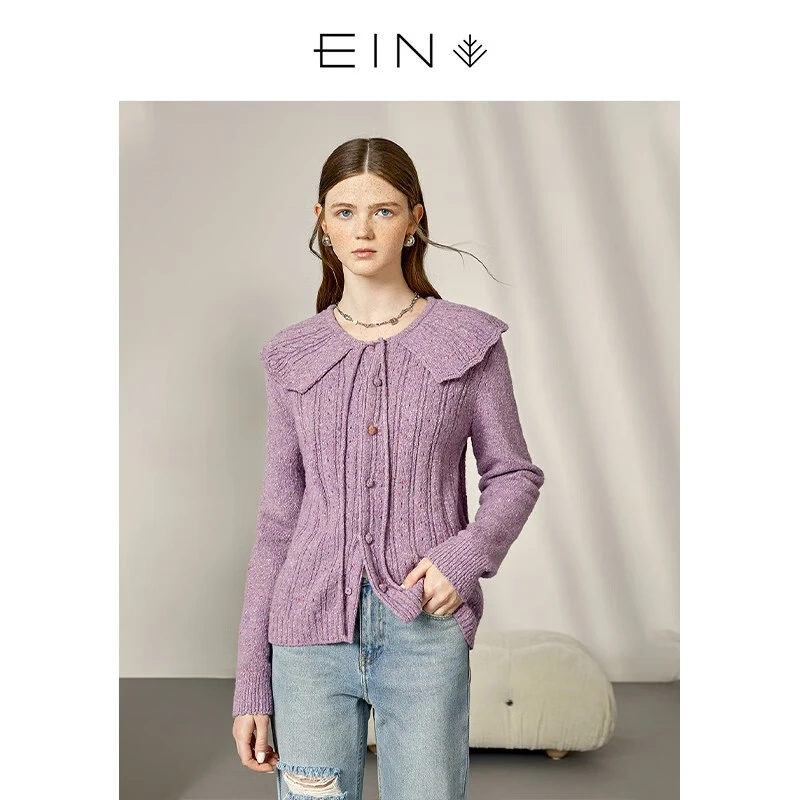 EIN/言新品文艺复古浪漫荷叶边彩点毛衫外套开衫毛衣女EK1503341