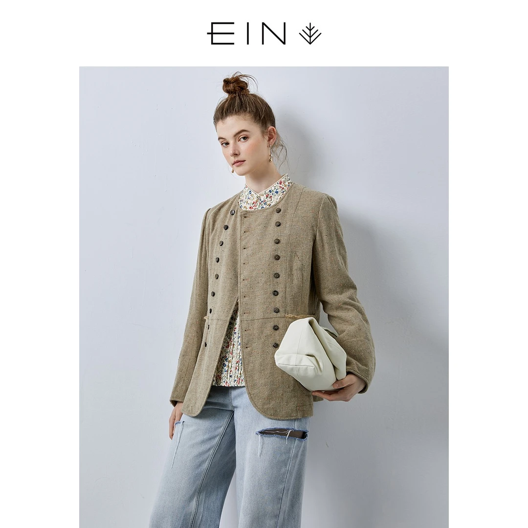EIN/言2024春季文艺英式复古气质彩点双层布斜襟设计短外套女