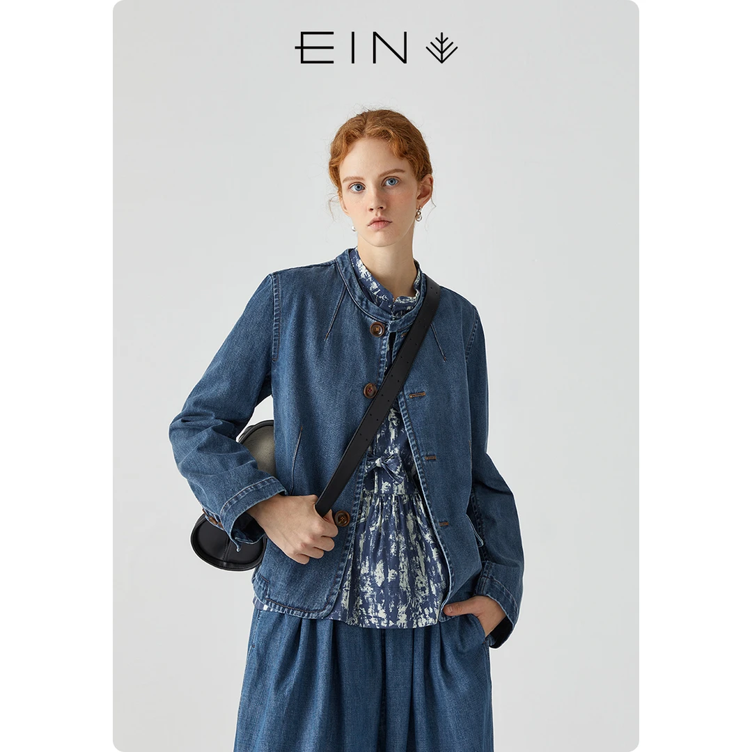 EIN/言【首发】简约圆领水洗牛仔小香风复古时尚休闲短外套女