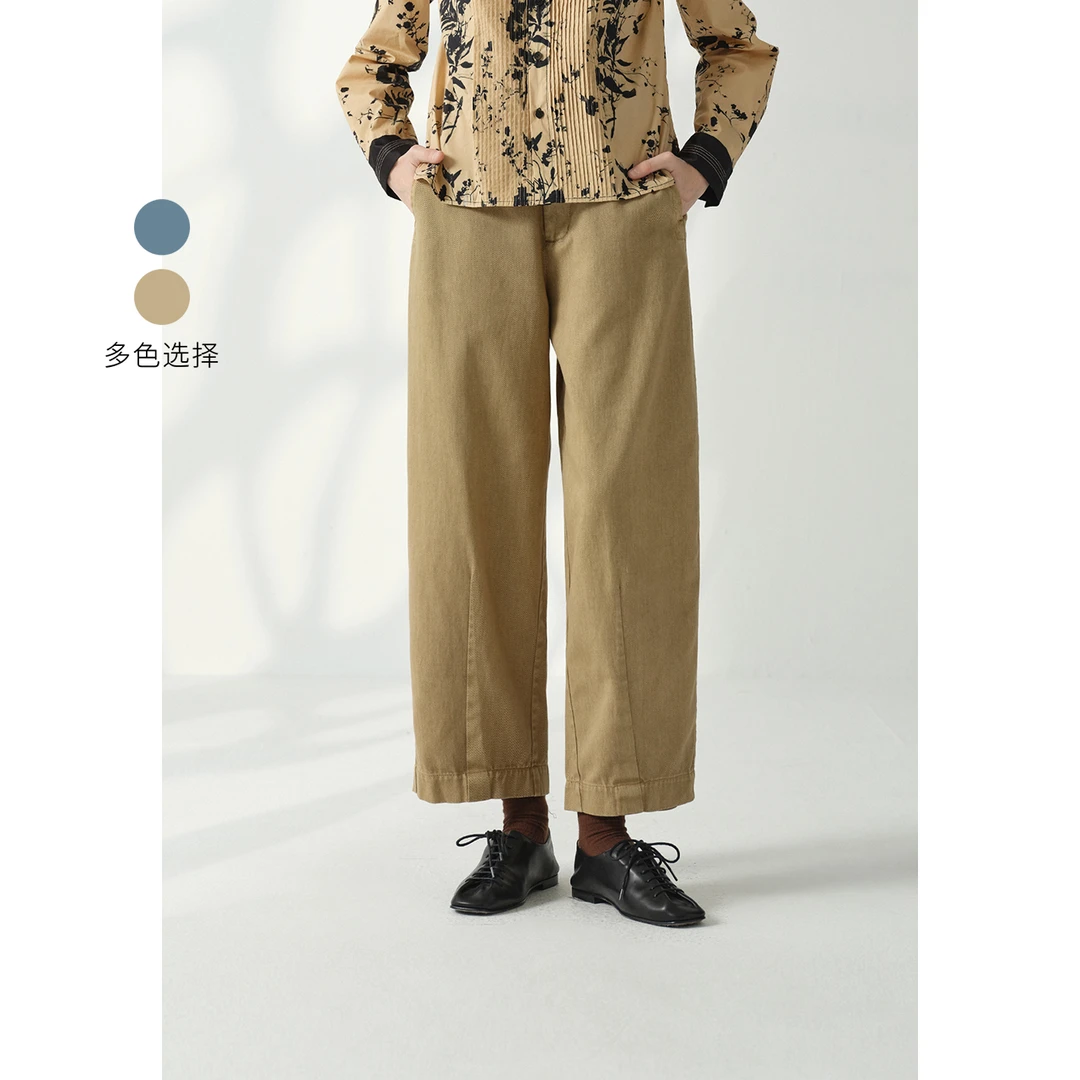 EIN/言雅丹风纳米染全棉工装 工装风量感九分休闲阔腿直筒裤25