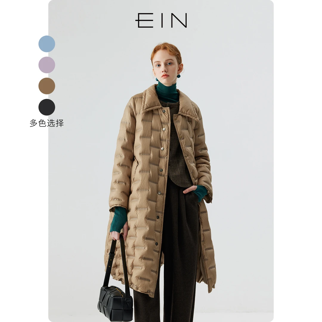 EIN/言雅丹风文艺复古显瘦保暖翻领热力感鸭绒中长款轻羽绒服