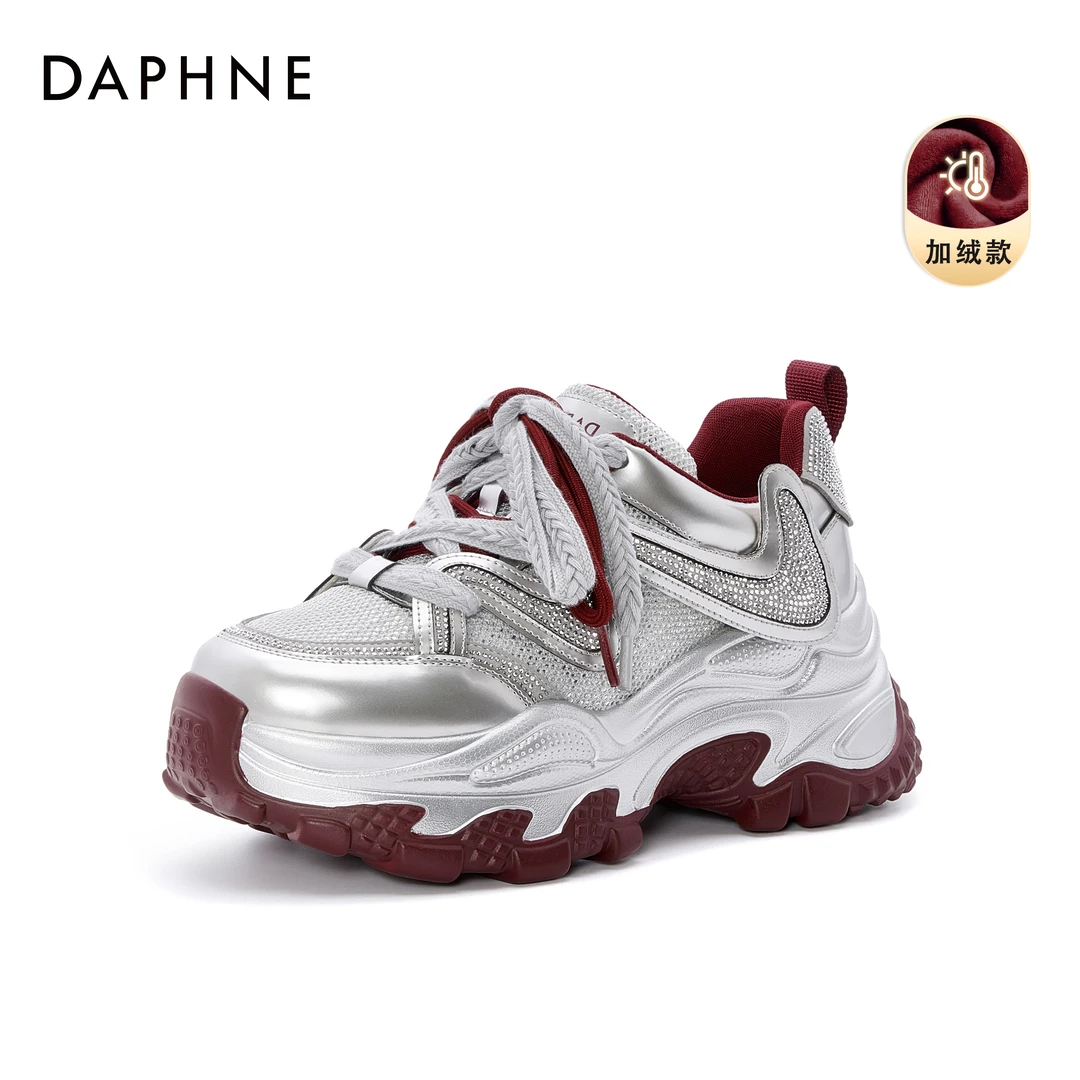 达芙妮秋冬上新加绒老爹鞋时尚百搭鞋子双系带潮流拼色厚底休闲鞋