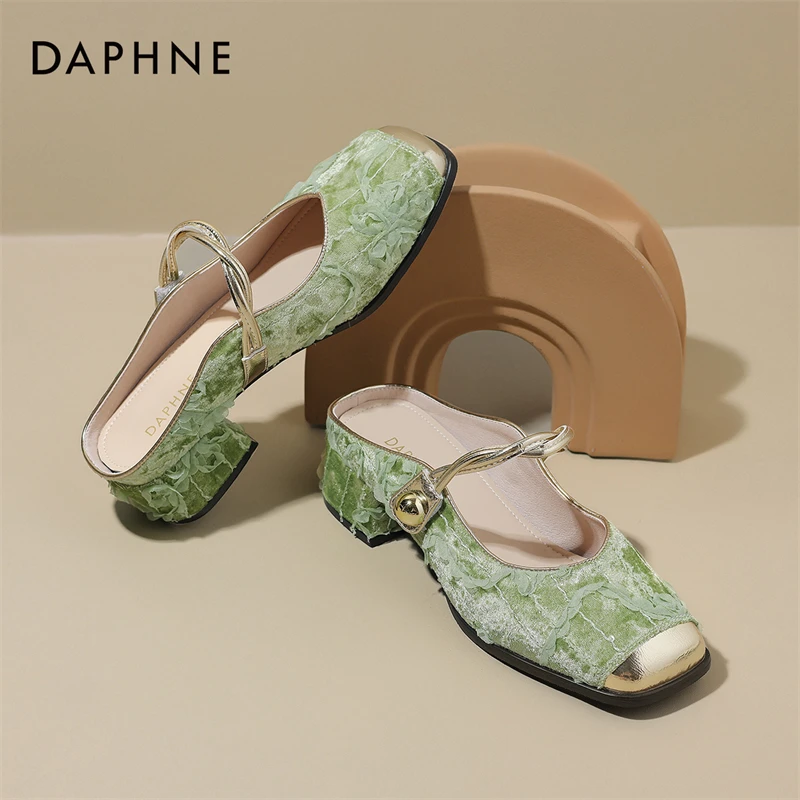 达芙妮25新款穆勒鞋夏季薄荷曼波时尚配色外穿包头中跟懒人包头拖