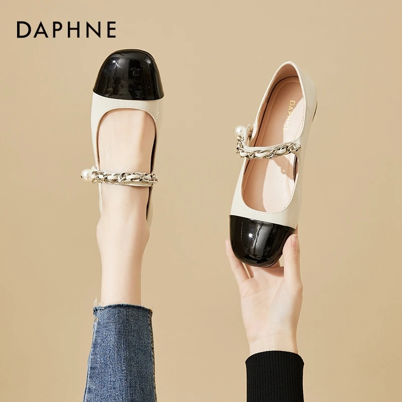达芙妮小香风黑白玛丽珍鞋女鞋2025春季新款单鞋瓢鞋链条鞋子拼色
